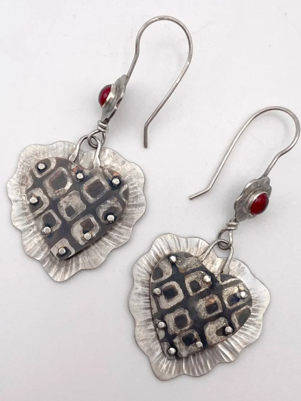Copper & Sterling Silver Heart Earrings with Carnelian, Artisan Made